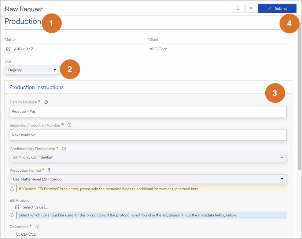 Form for production request with highlighted sections for data and confidentiality instructions.